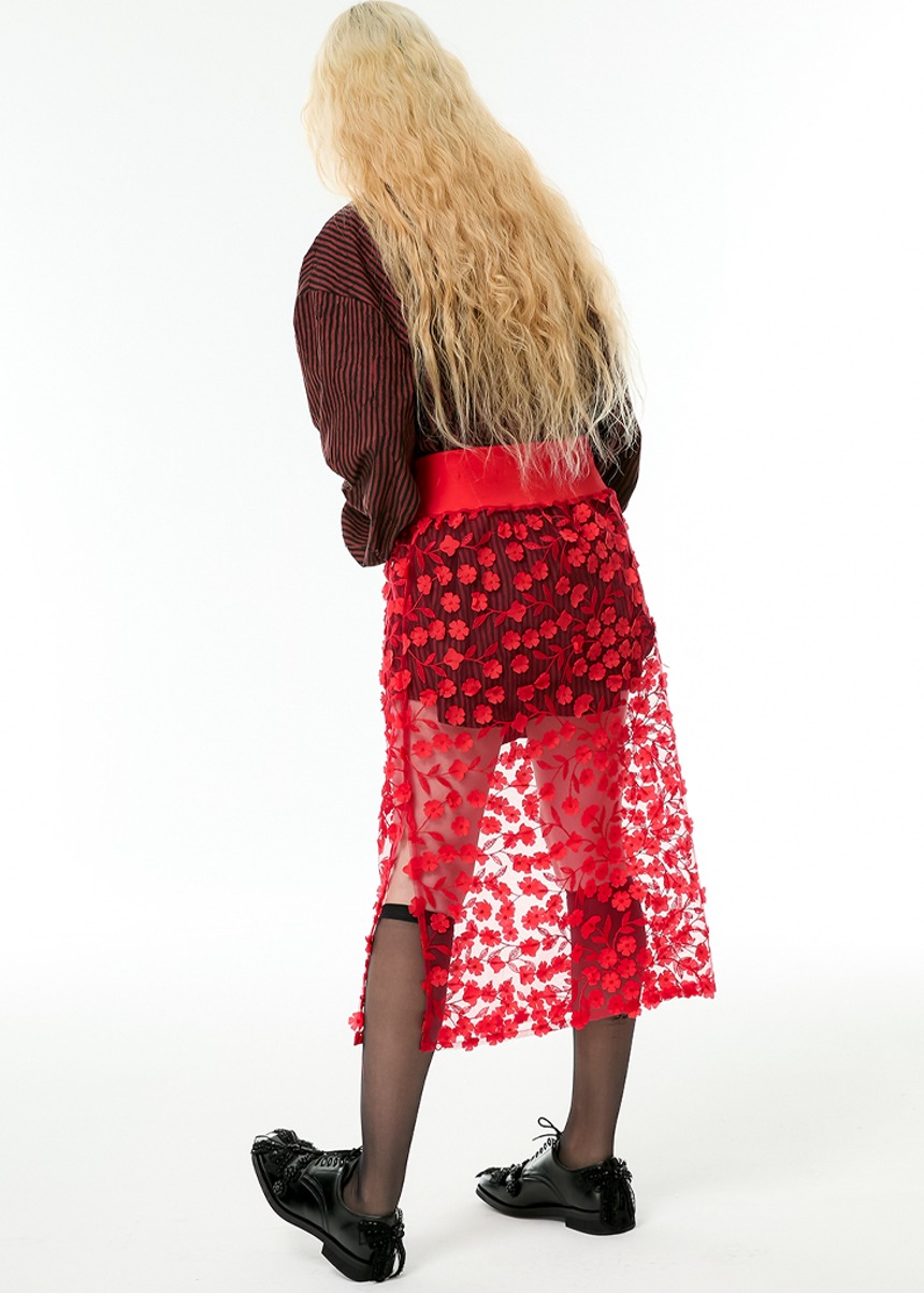 flower lace layered skirt (black / red)
