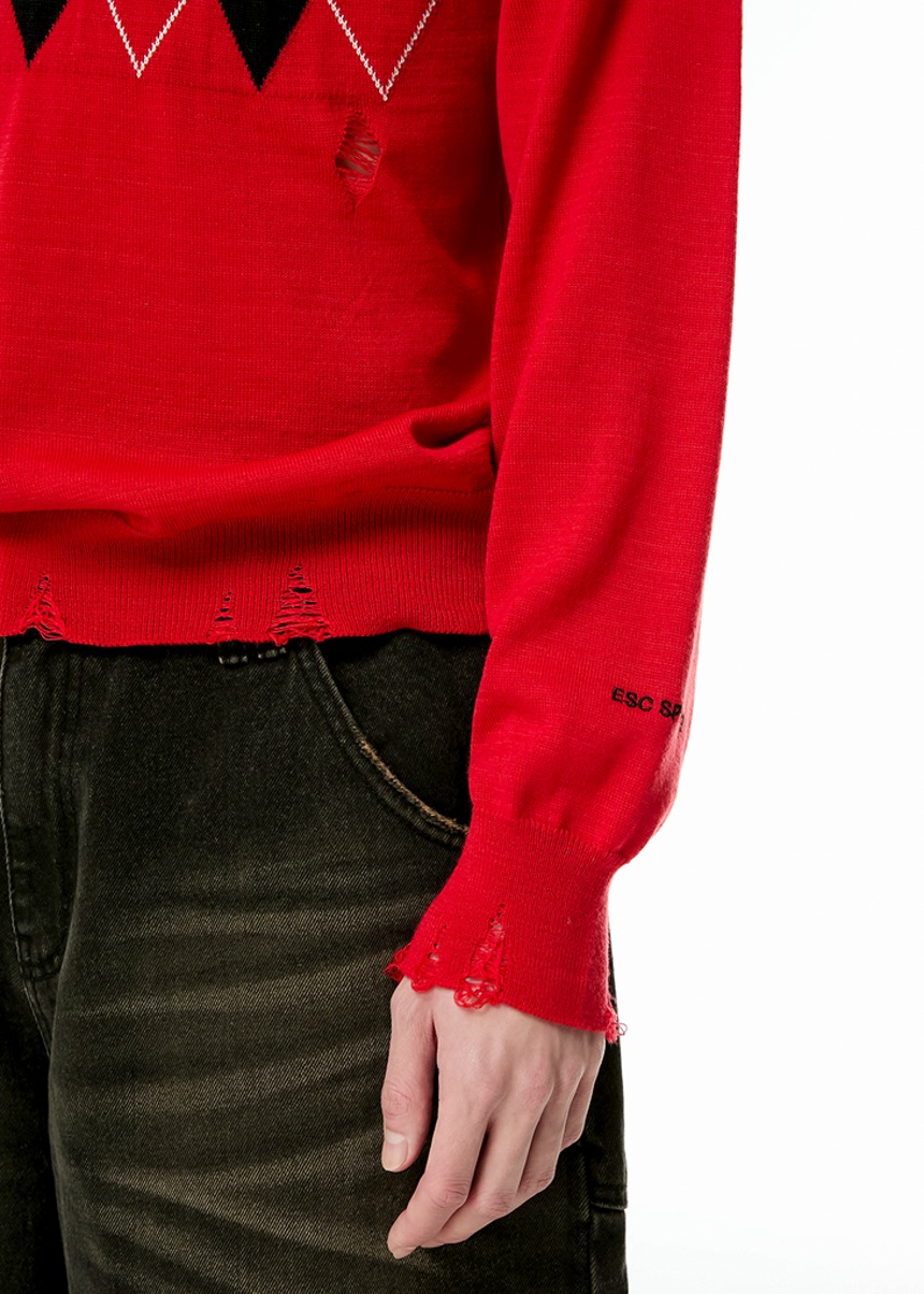 v-neck damage argyle knit (red)