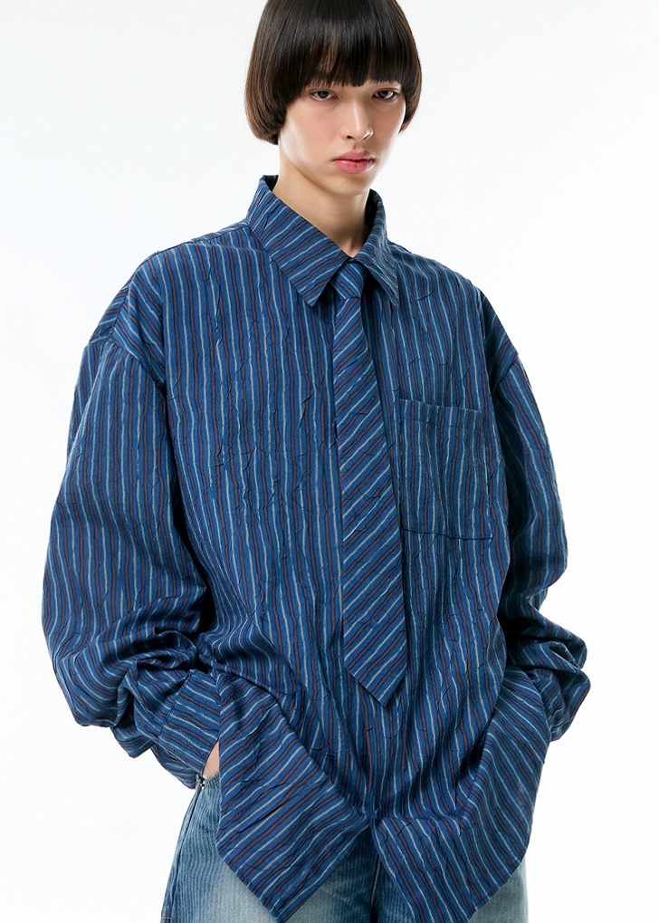 oversize check neck tie shirt (blue)