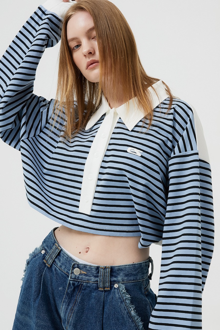 stripe crop polor shirt (blue)
