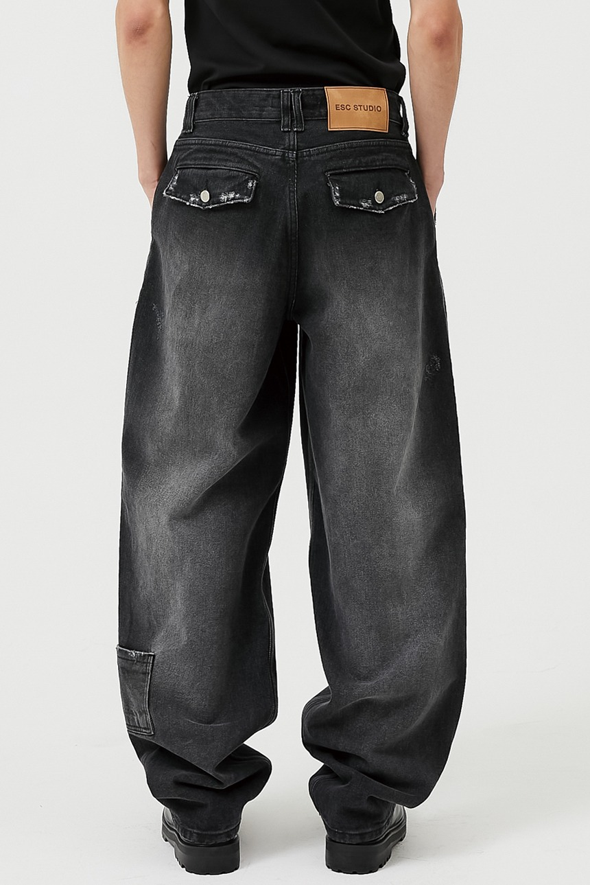 (size:2) washing denim pocket pants (black)