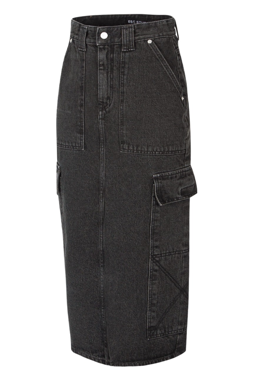 cargo pocket denim long skirt (black)