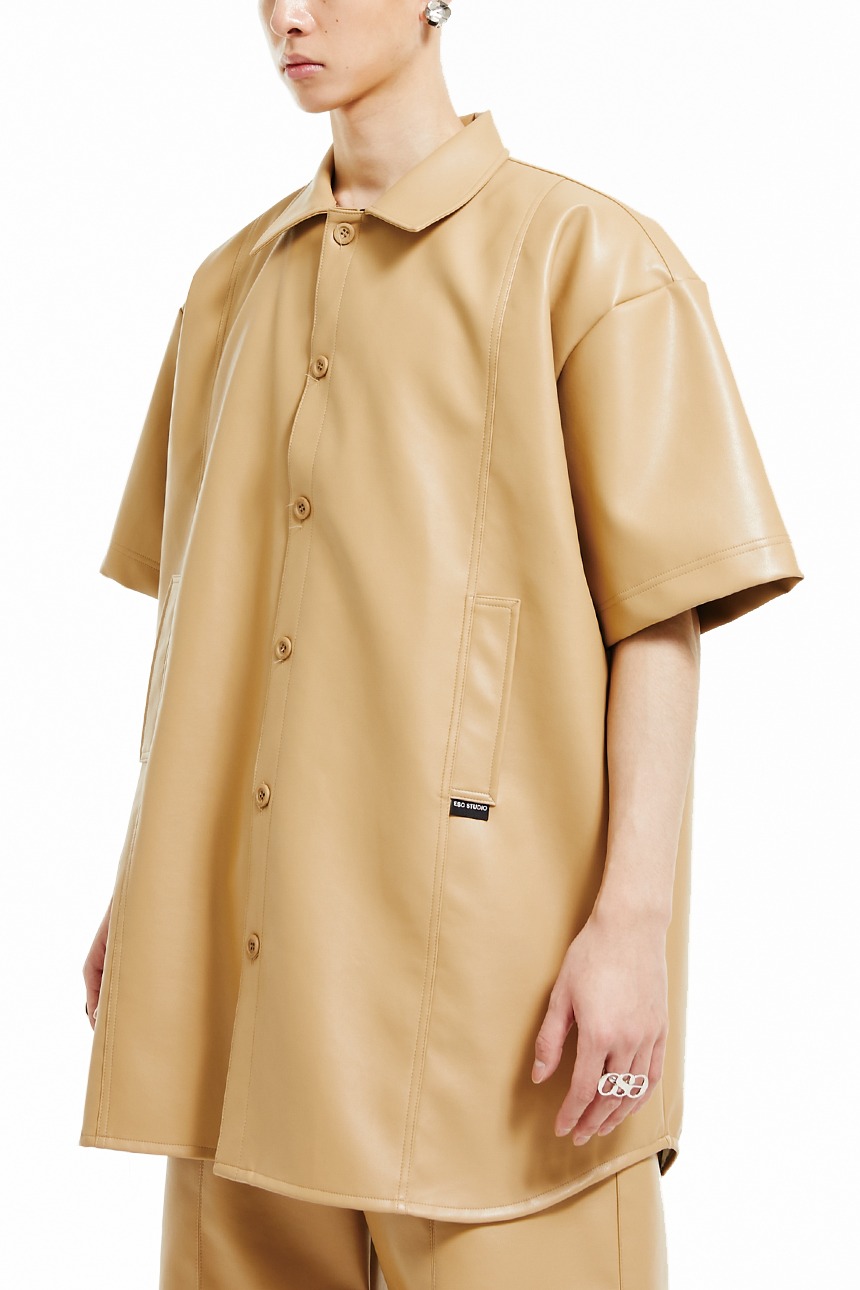 Leather pocket short-sleeved shirt (beige)