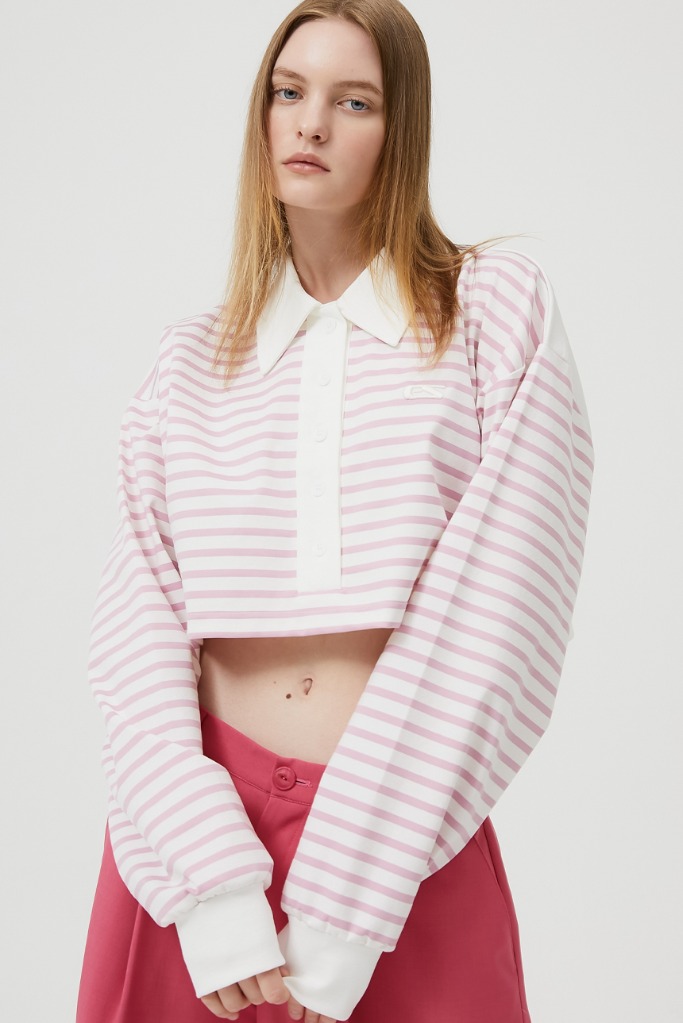 stripe crop polor shirt (pink)